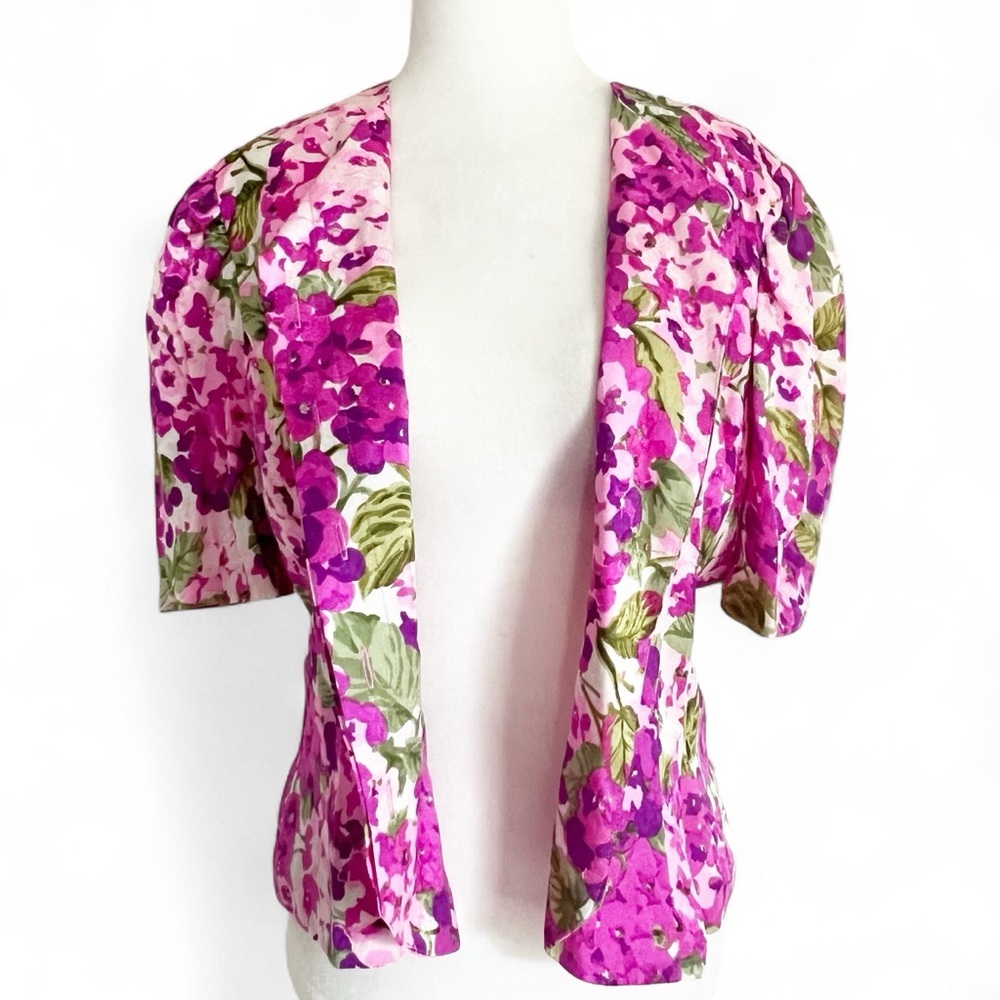 Vintage Adrianna Papell 100% Silk Floral Blouse‎ Size 10 Pink Purple Puff Sleeve